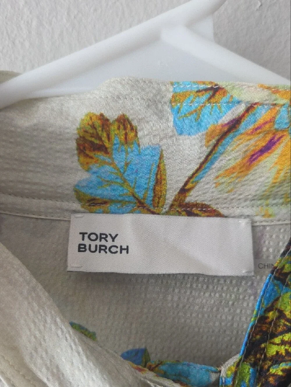 Tory Burch Cream Tie-Neck Blouse with Purple and Turquoise Floral Print
